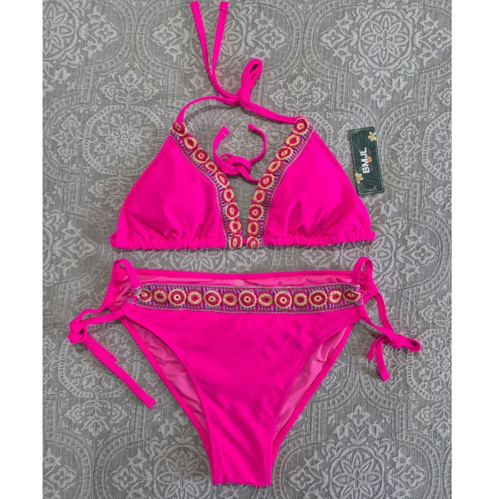 BMJL Womens Hot Pink Embroidered Halter Bikini Swimsuit Set Large New With Tags